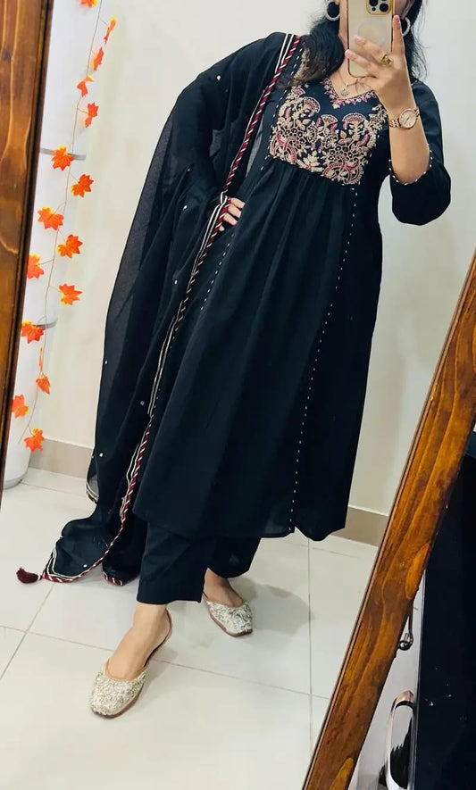 Jaipur Bandhej Black Embroidered Anarkali Suit With Dupatta