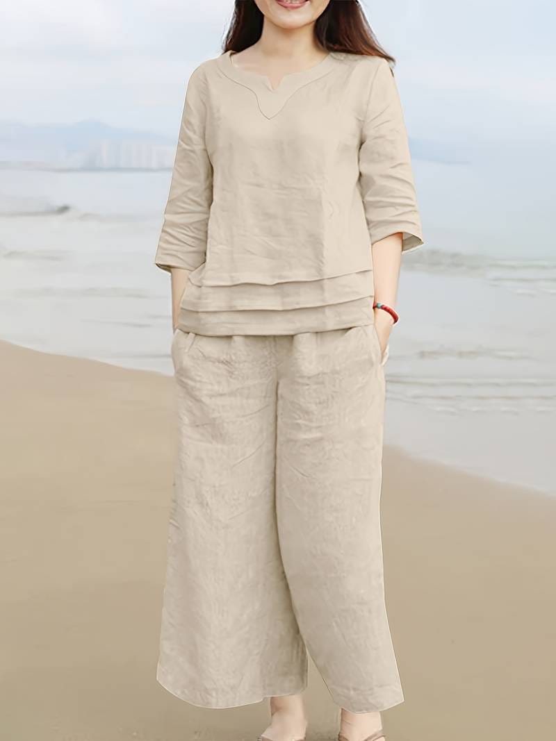 Beige Cotton Casual Wear Co-Ord Set