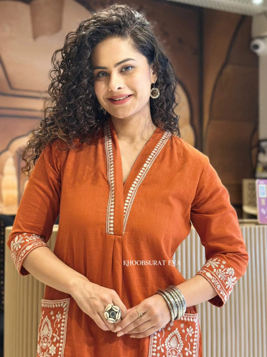 Rust Orange Hand Embroidered Cotton Kurta Set With Pockets
