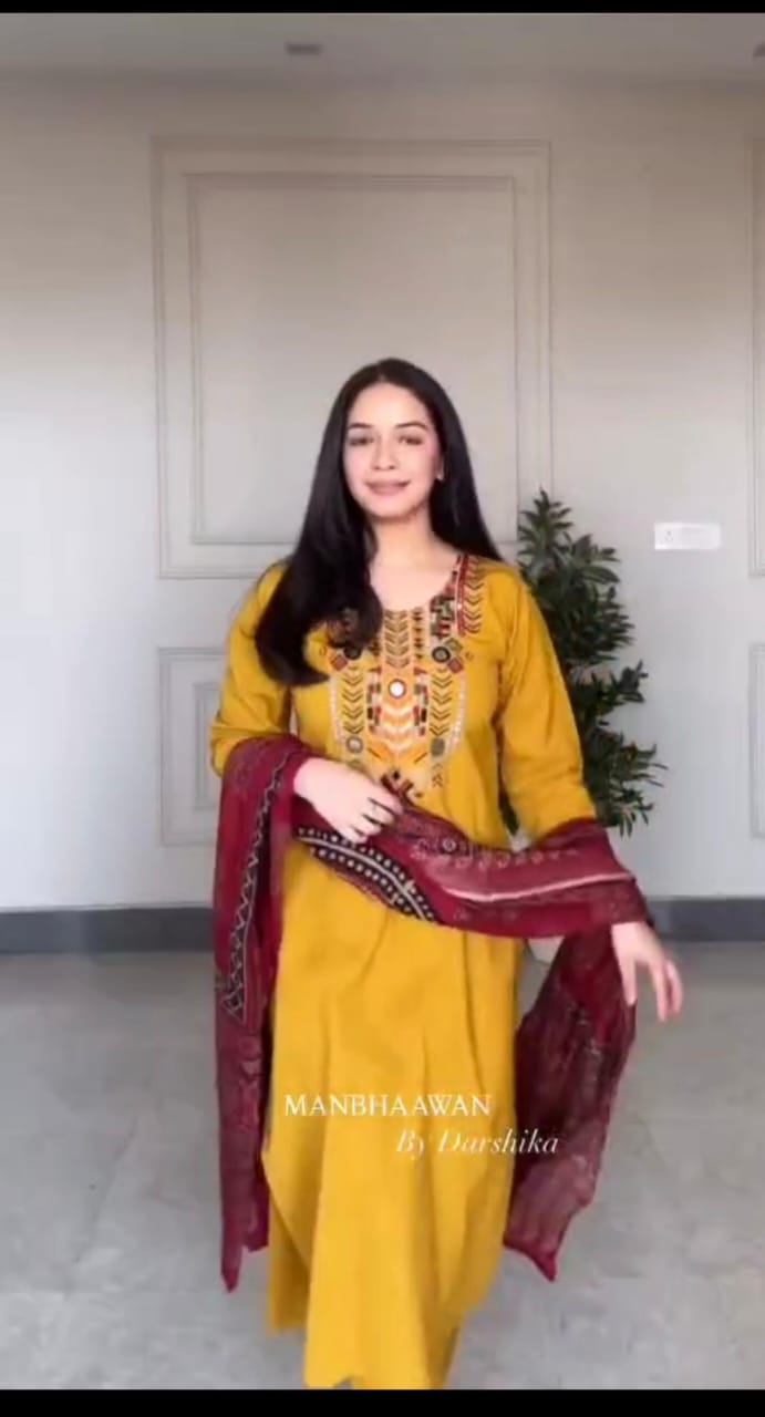 Jaipur Bandhej Mustard Yellow Hand-Embroidered Kurta Set With Ajrakh Print Dupatta