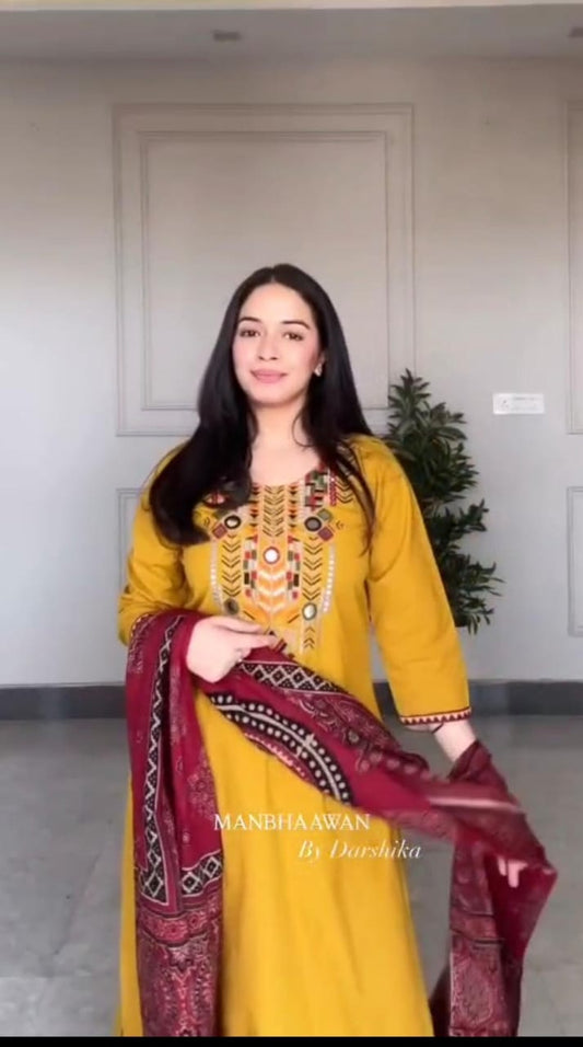 Jaipur Bandhej Mustard Yellow Hand-Embroidered Kurta Set With Ajrakh Print Dupatta
