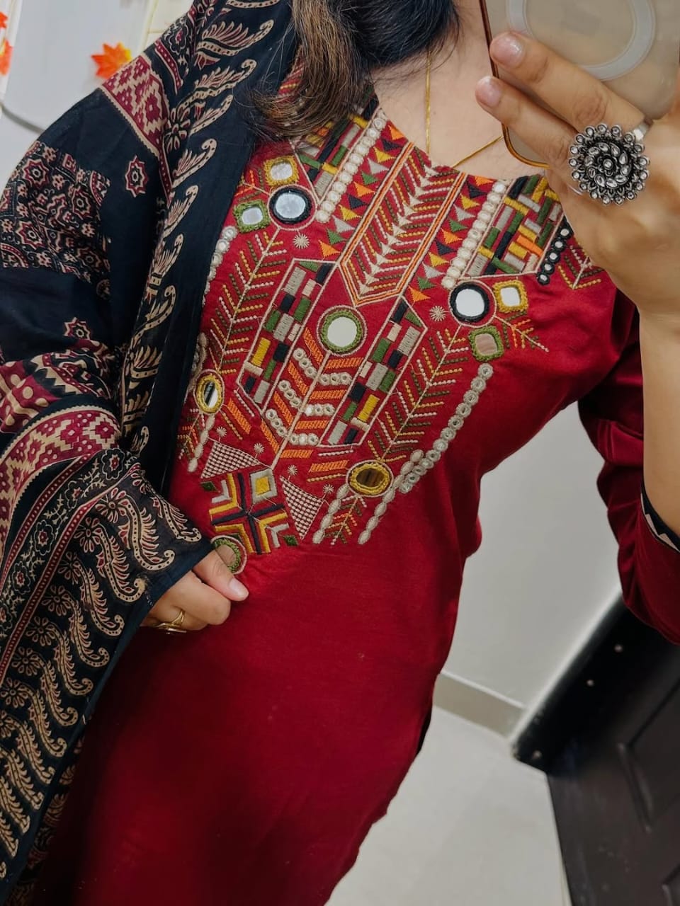 Jaipur Bandhej Red Hand-Embroidered Kurta Set With Ajrakh Print Dupatta