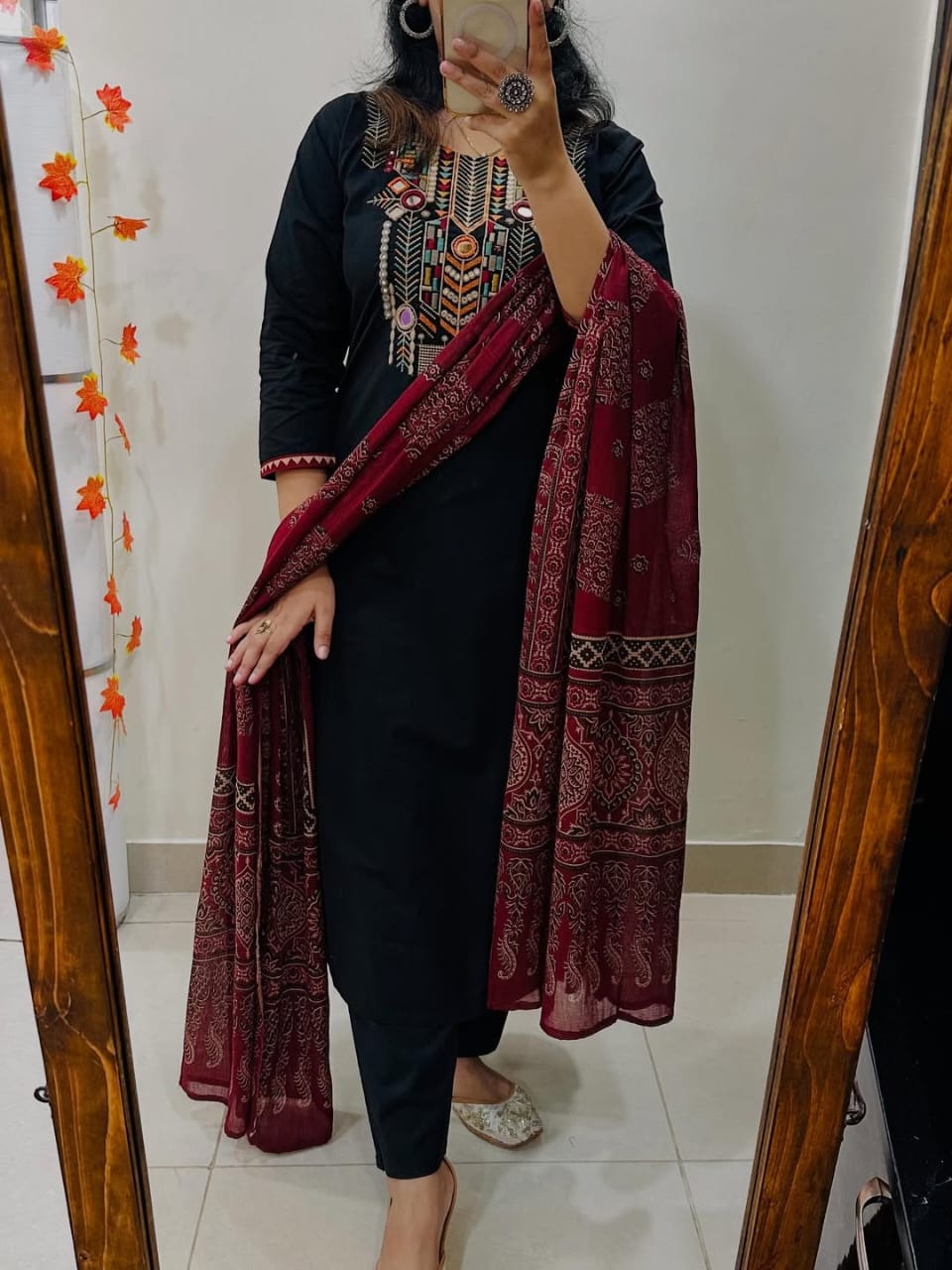 Jaipur Bandhej Black Hand-Embroidered Kurta Set With Ajrakh Print Dupatta