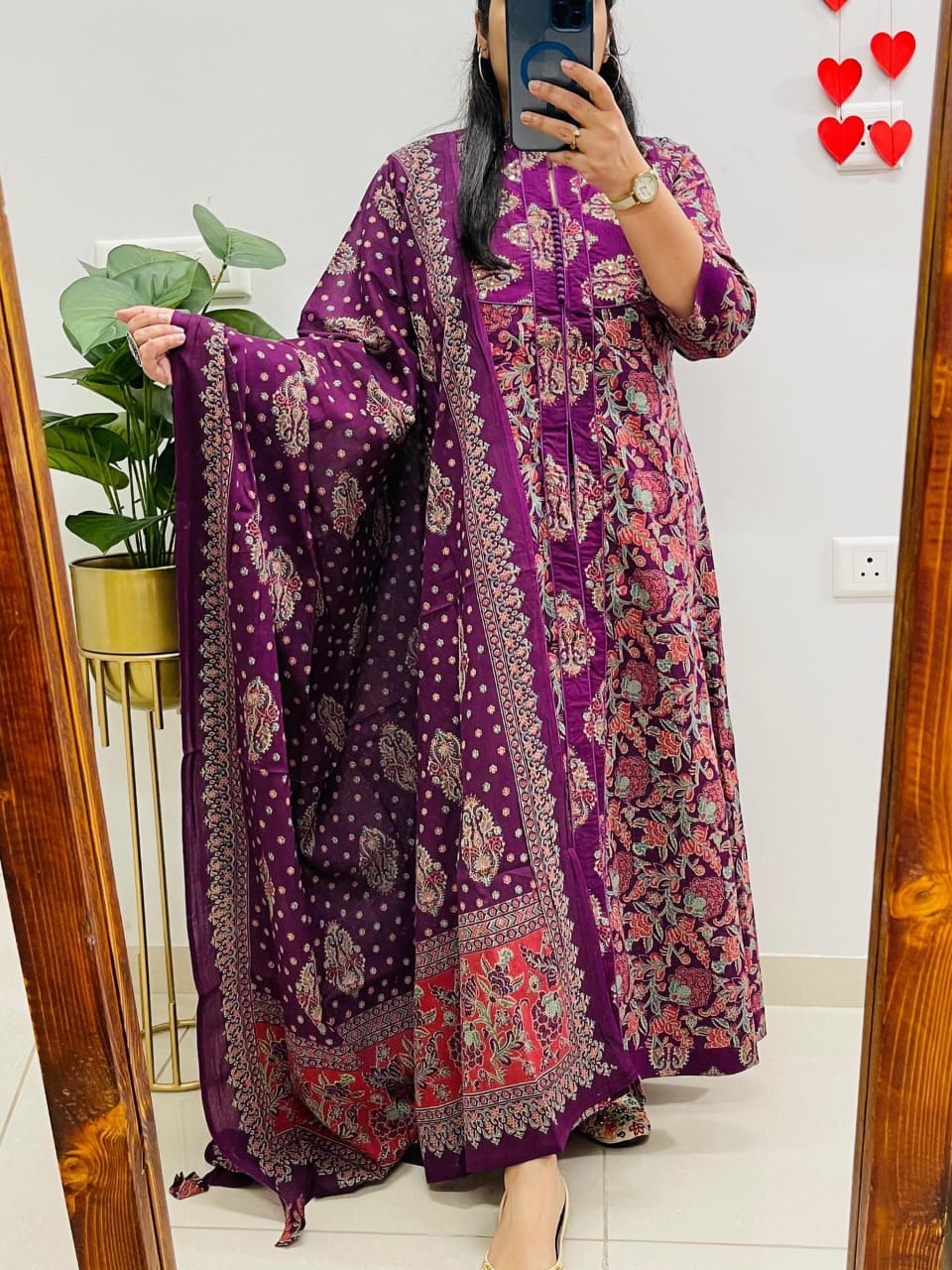 Purple Cotton Anarkali Suit Set With Ajrak-Inspired Print Dupatta