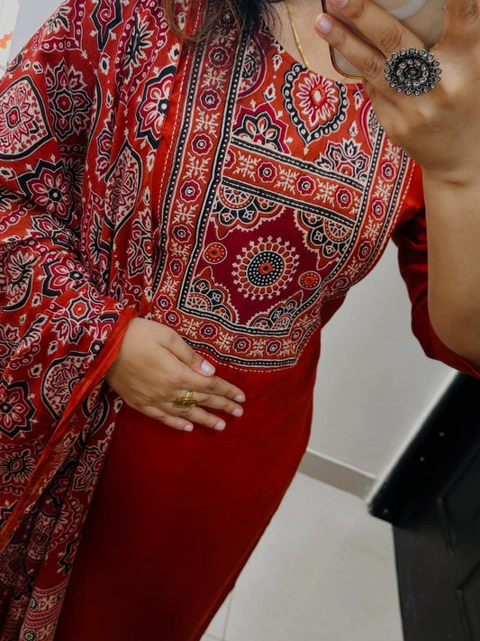 Elegant Red Cotton Suit With Ajrak Print Dupatta