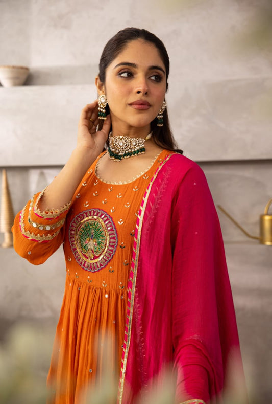 Jaipur Bandhej Radiant Orange Anarkali Set With Pink Dupatta