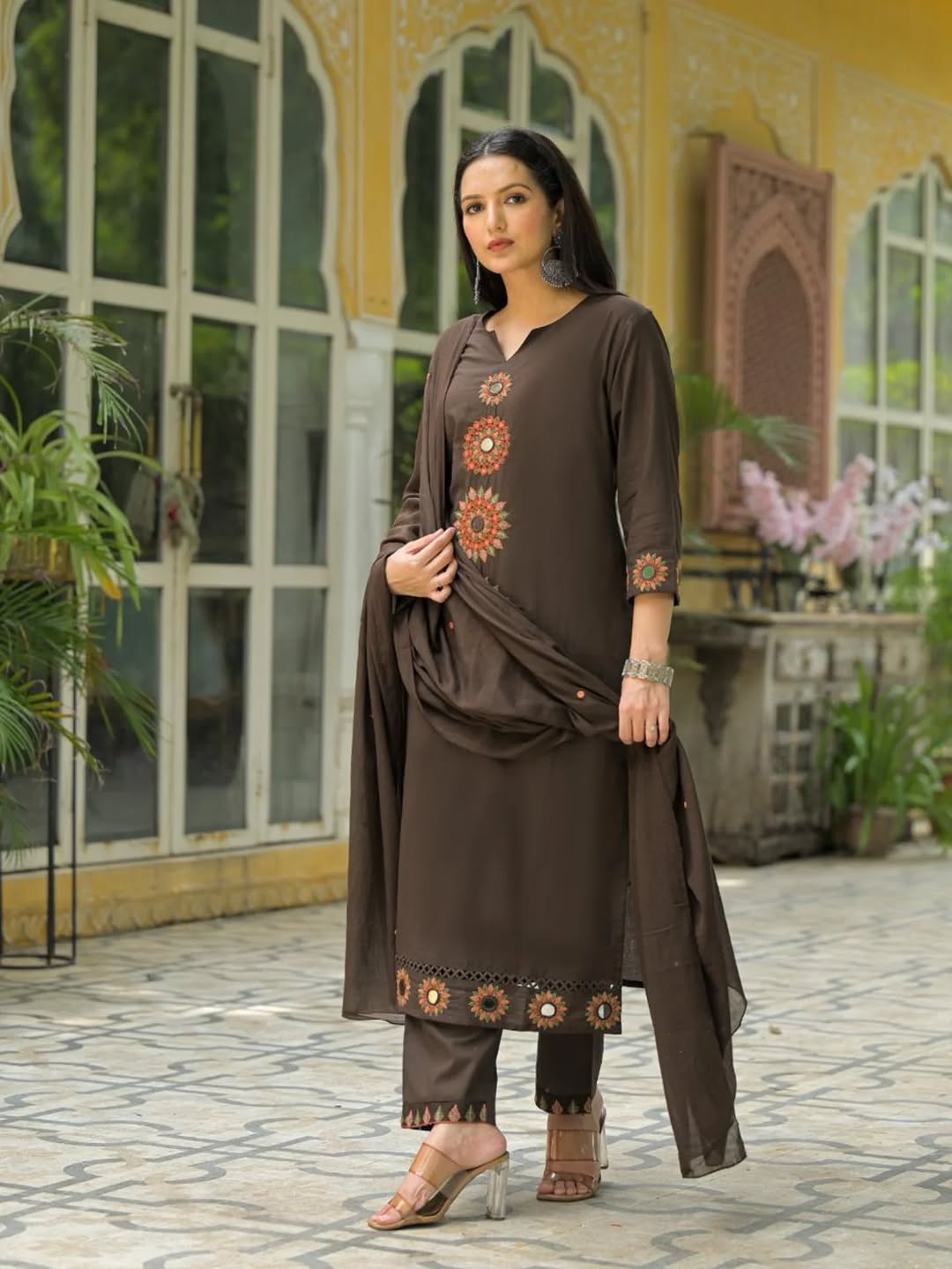 Jaipur Bandhej Elegant Brown Embroidered Kurta Set With Dupatta