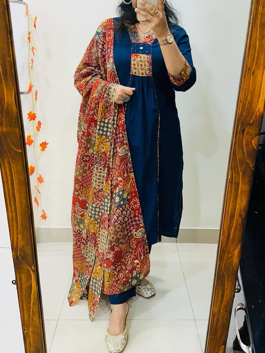 Jaipur Bandhej Blue Kurta Set With Printed Dupatta – Elegant Ethnic Wear