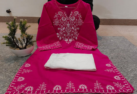 Jaipur Bandhej Pink Embroidered Kurta With Ivory Straight Pants