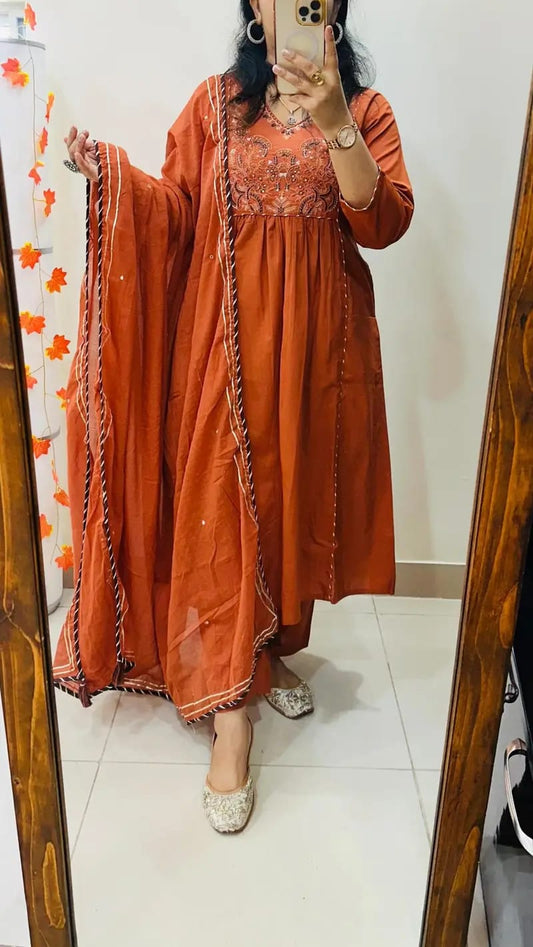 Jaipur Bandhej Rust Orange Embroidered Anarkali Suit Set