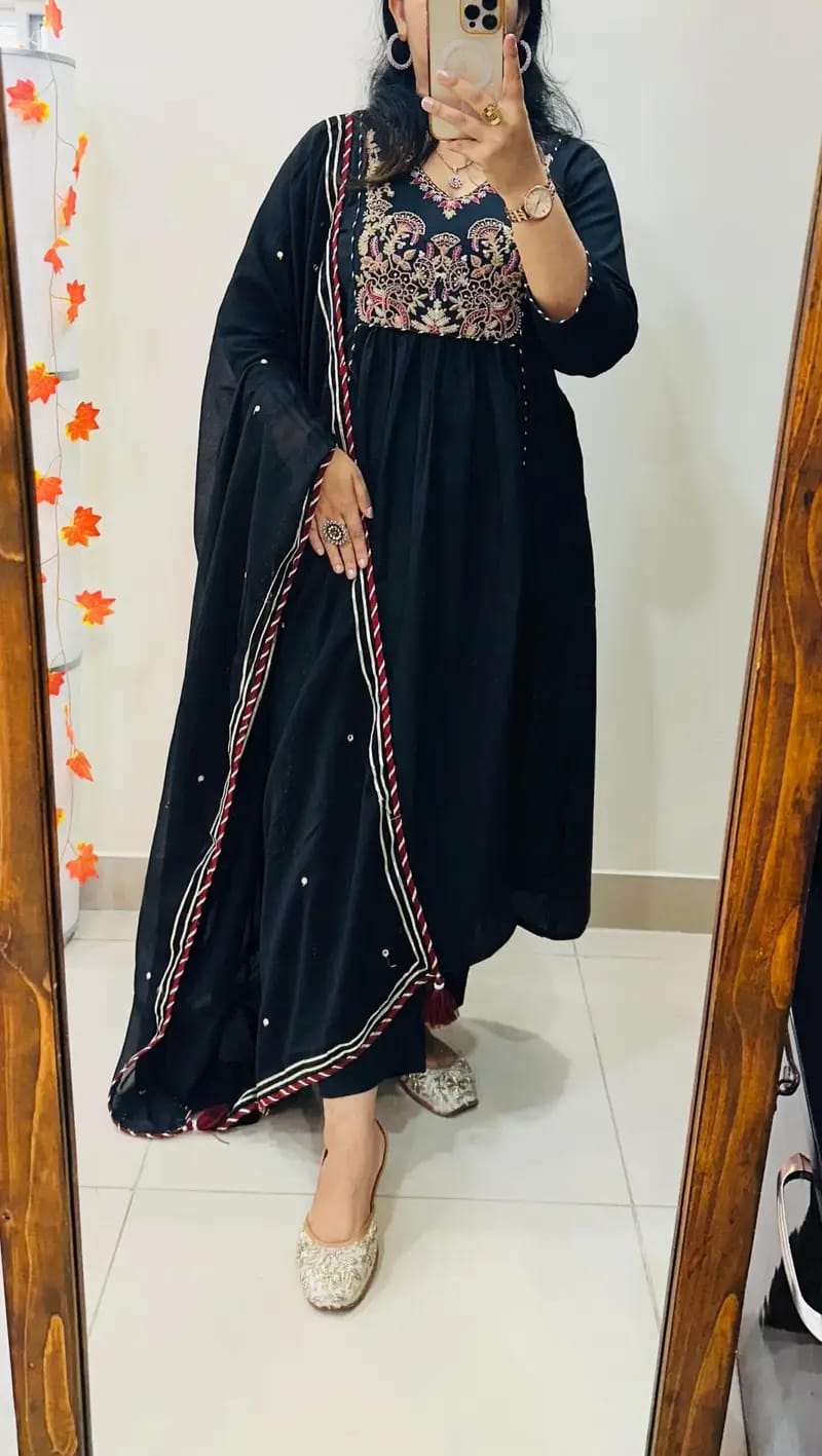 Jaipur Bandhej Black Embroidered Anarkali Suit With Dupatta