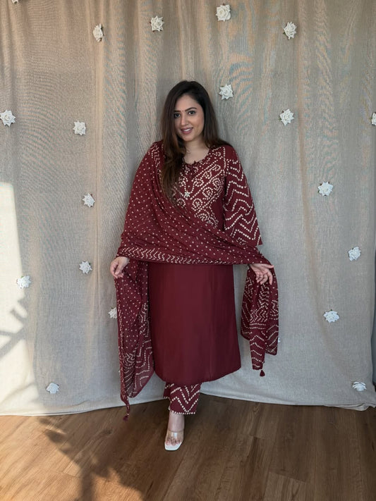 Jaipur Bandhej Maroon Bandhani Kurta Set With Dupatta