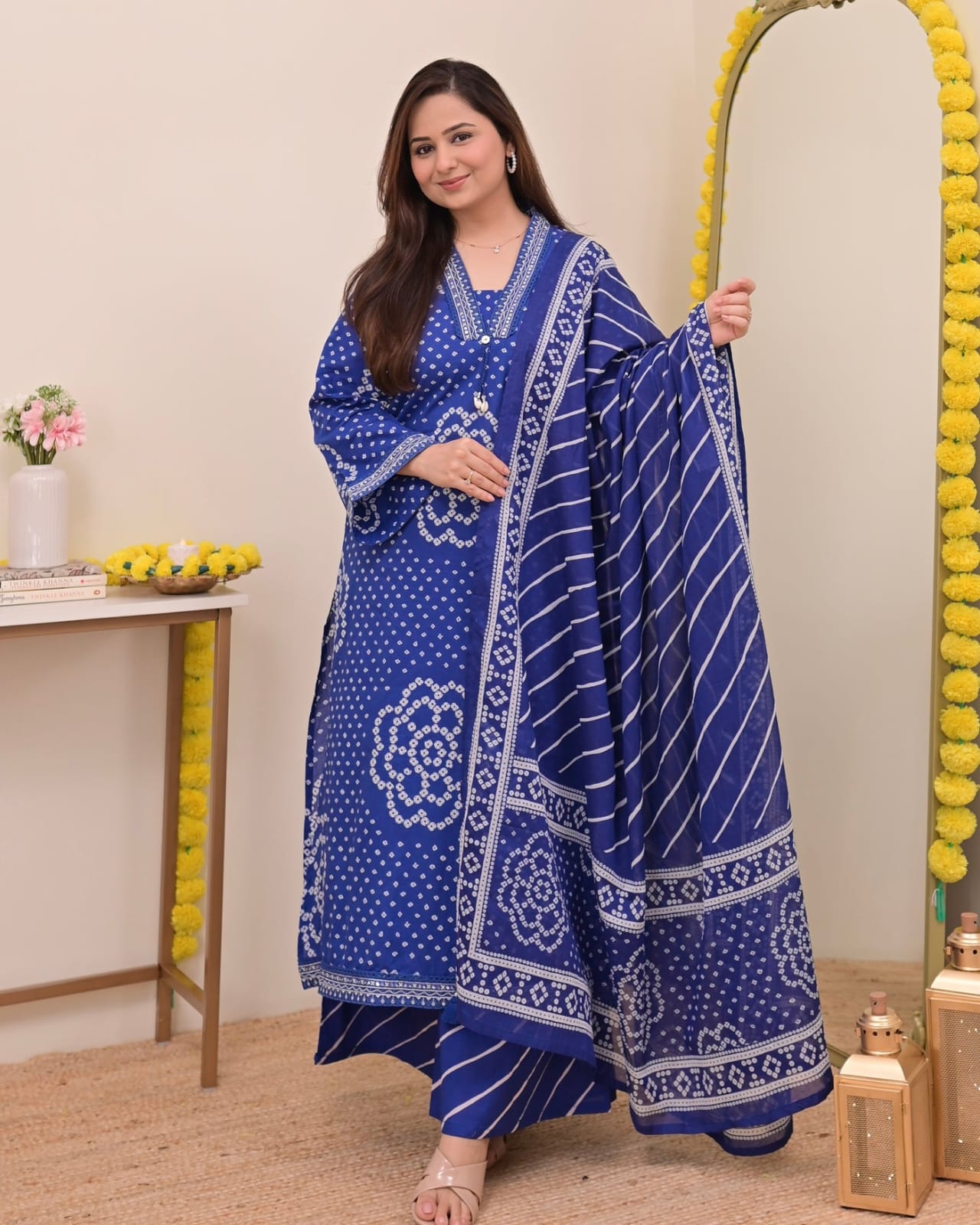 Jaipur Bandhej Indigo Blue Handblock Printed Kurta Set With Dupatta