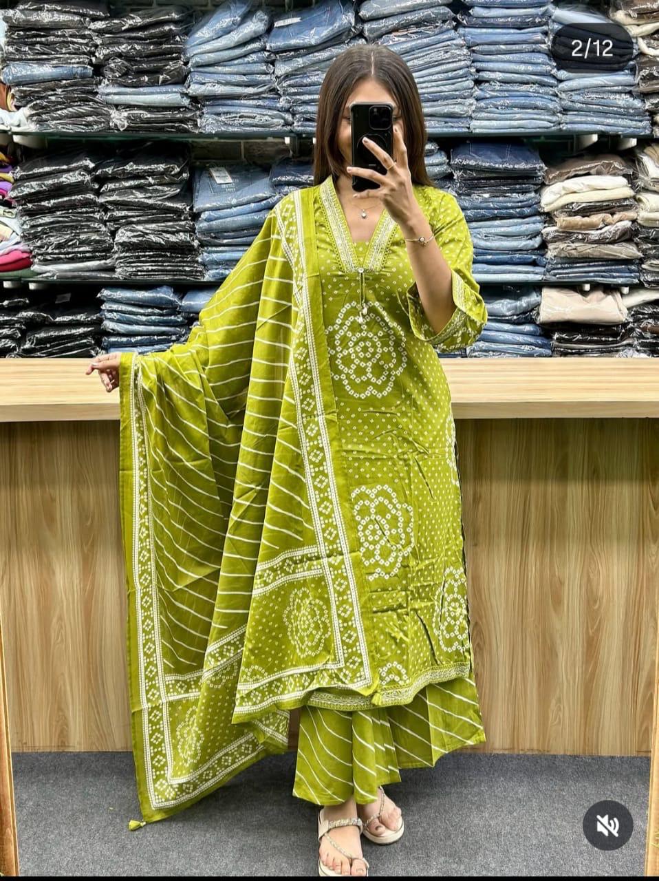 Jaipur Bandhej Olive Green Bandhani Print Kurta Set With Dupatta