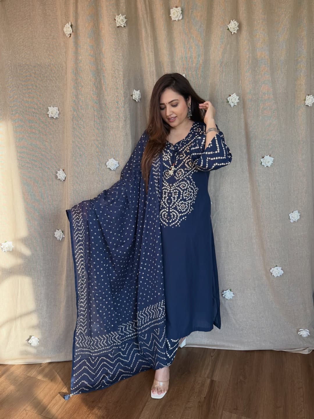 Jaipur Bandhej Navy Blue Bandhani Printed Kurta Set With Dupatta