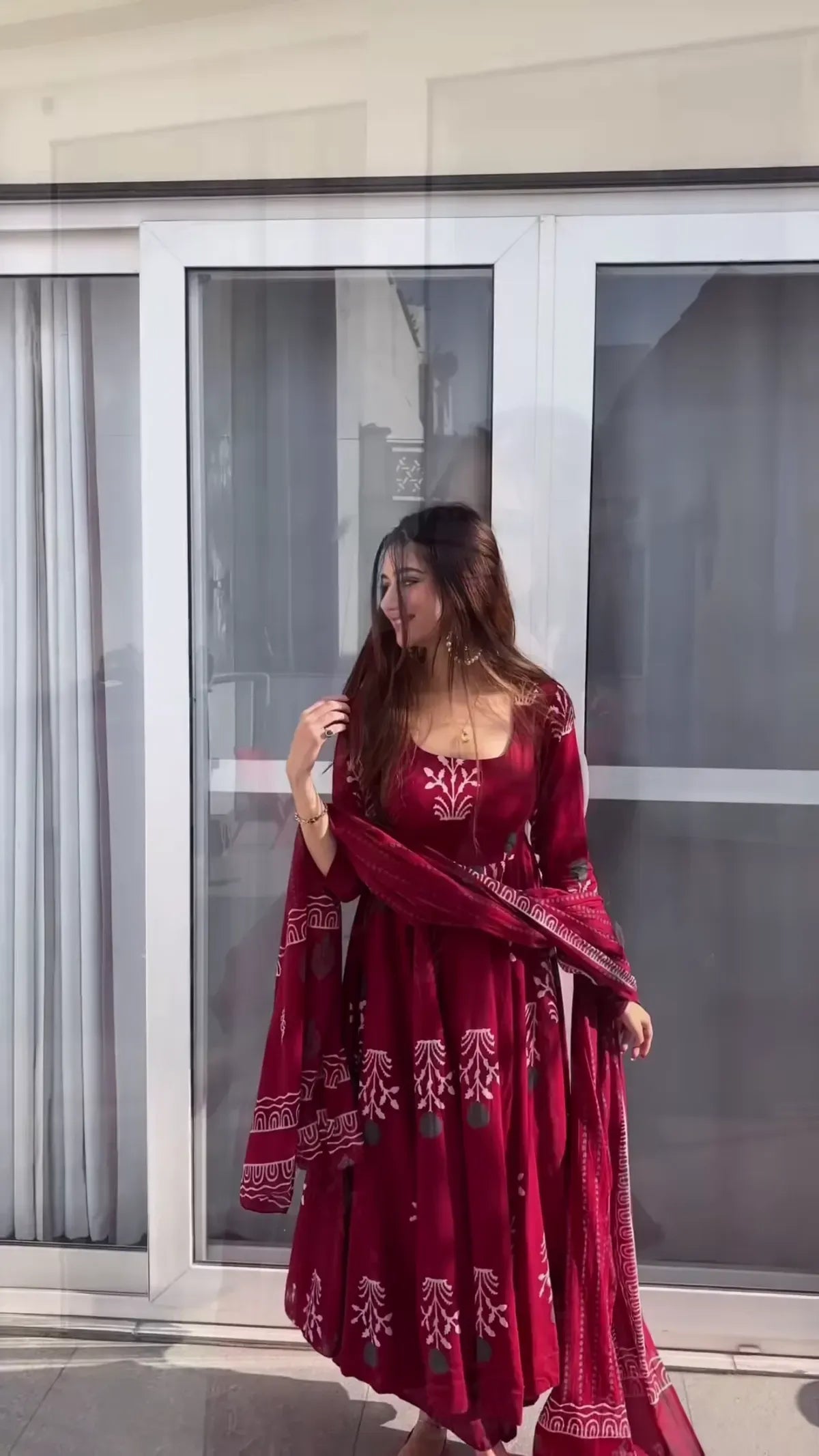 Jaipur Bandhej Maroon Discharge Print Anarkali Suit Set With Pant & Dupatta (Maroon)