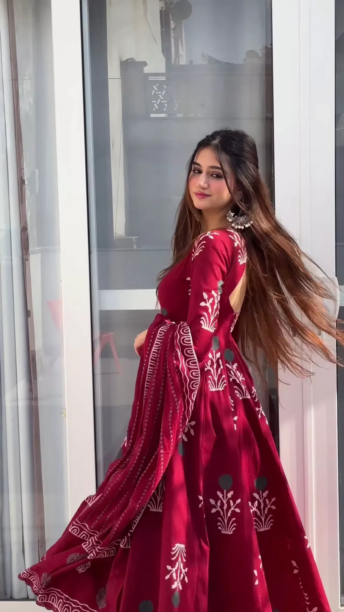 Jaipur Bandhej Maroon Discharge Print Anarkali Suit Set With Pant & Dupatta (Maroon)