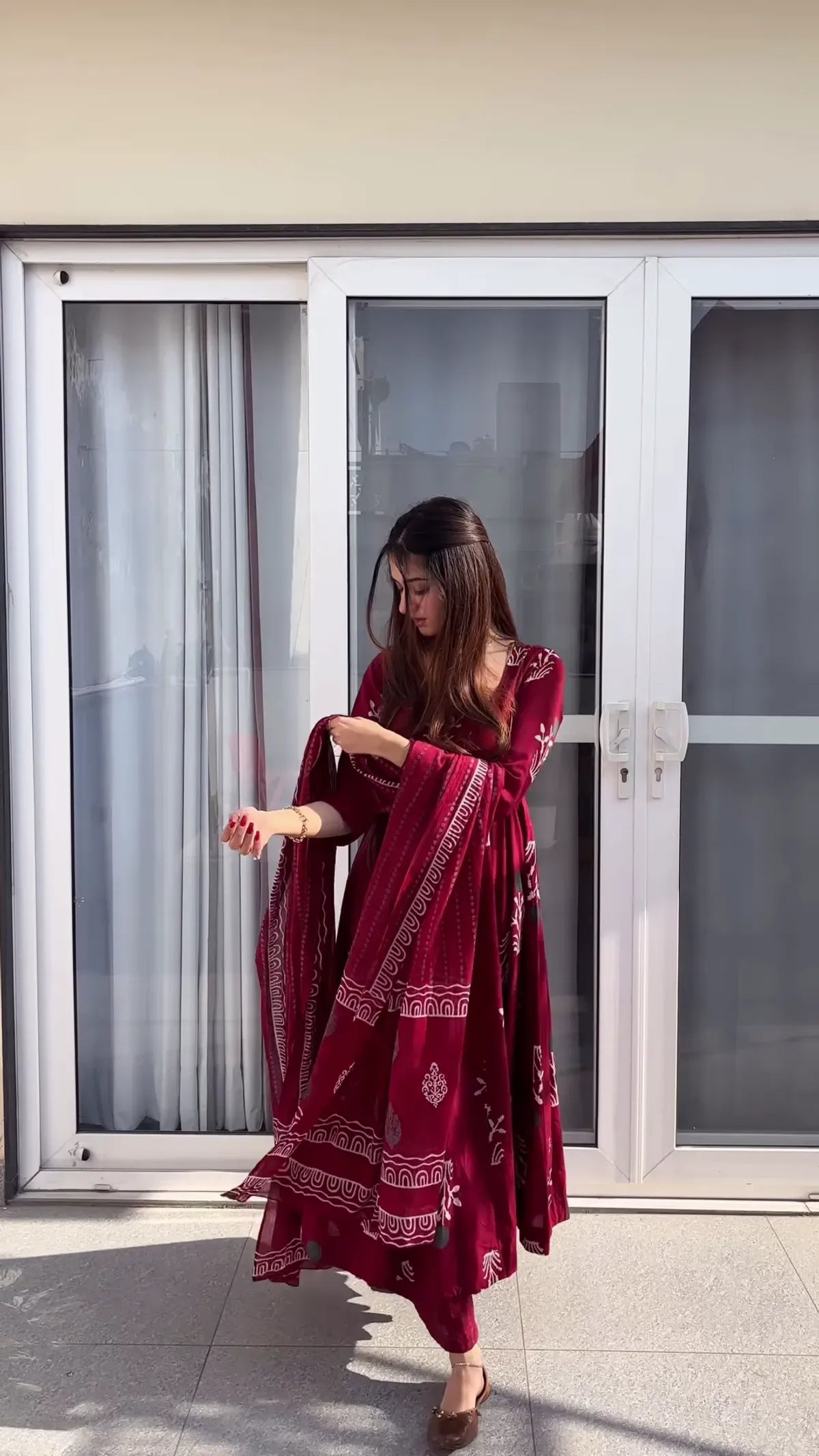 Jaipur Bandhej Maroon Discharge Print Anarkali Suit Set With Pant & Dupatta (Maroon)