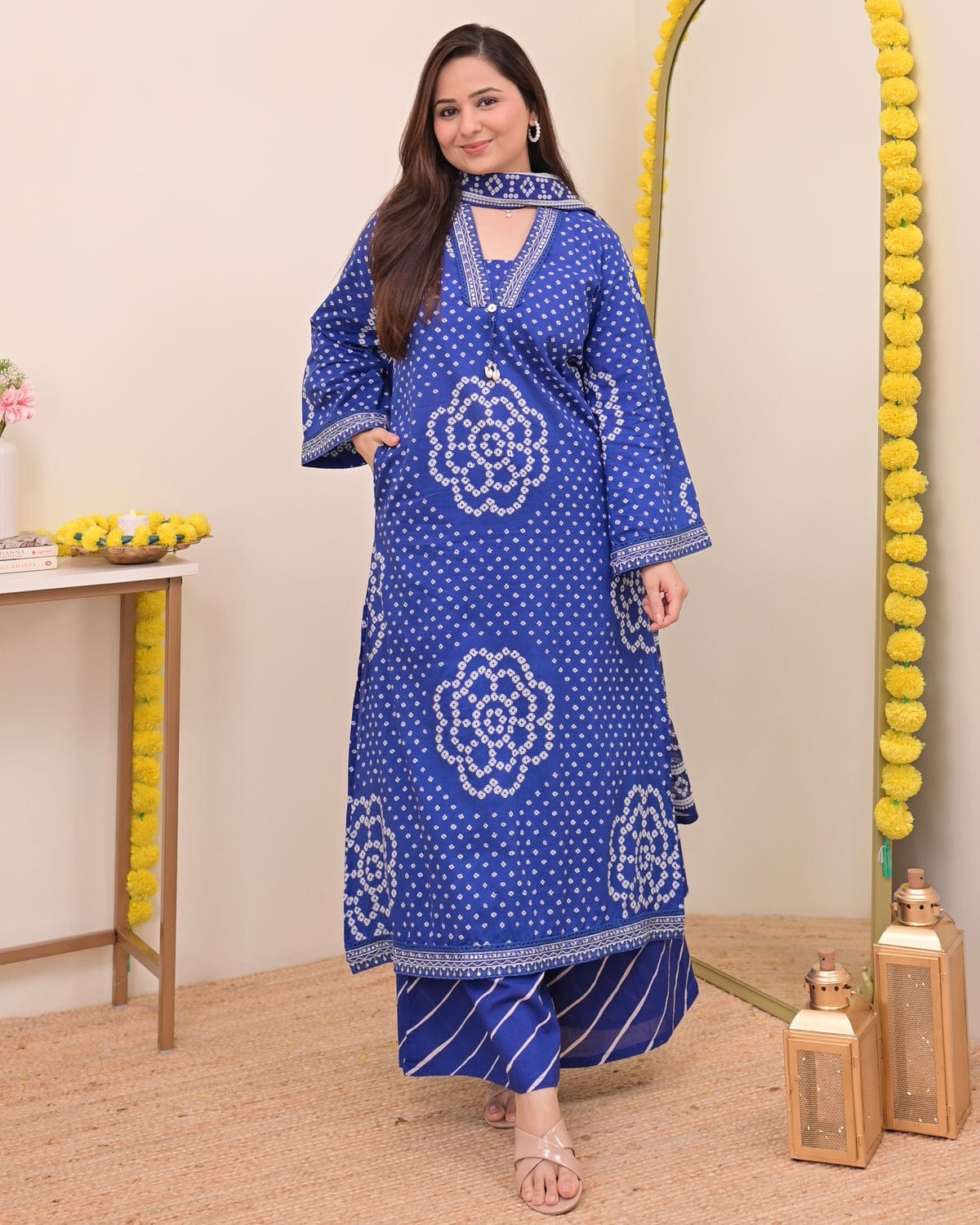 Jaipur Bandhej Indigo Blue Handblock Printed Kurta Set With Dupatta