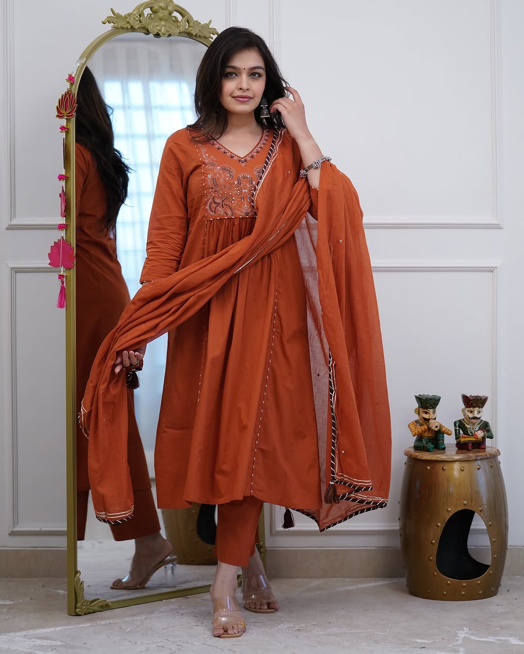 Jaipur Bandhej Rust Orange Embroidered Anarkali Suit Set