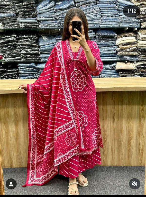 Jaipur Bandhej Rani Pink Handblock Printed Kurta Set With Dupatta