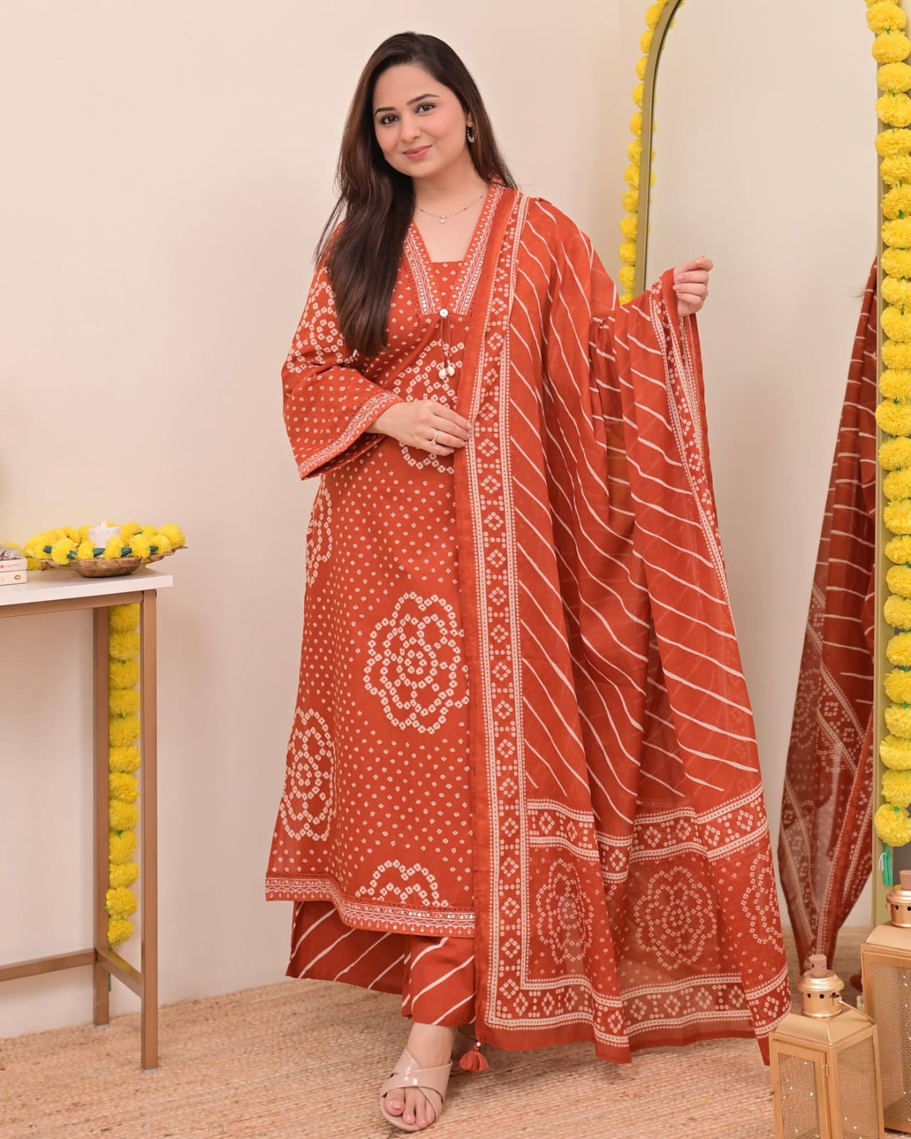 Jaipur Bandhej Rust Orange Handblock Printed Kurta Set With Dupatta