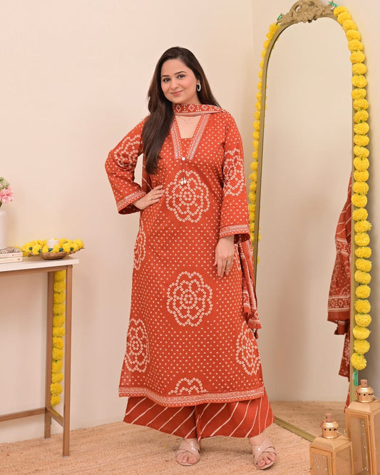 Jaipur Bandhej Rust Orange Handblock Printed Kurta Set With Dupatta