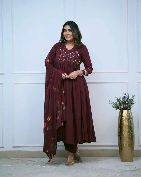 Maroon Embroidered Anarkali Kurta Set With Dupatta