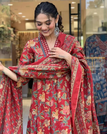 Jaipur Kurta Red Cotton Printed Kurta and Pant With Cotton Mulmul Dupatta For Women