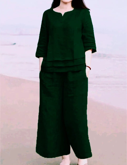 Dark Green Cotton Casual Wear Co-Ord Set