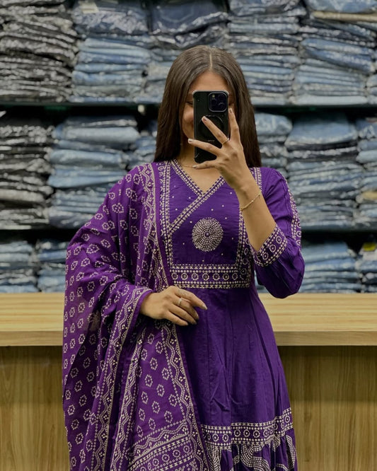 Purple V Neck Heavy Anarkali Kurti, Pant With Dupatta