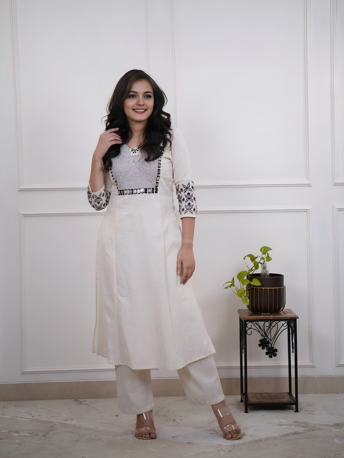 Off White Embroidered Cotton Kurta And Pant Set