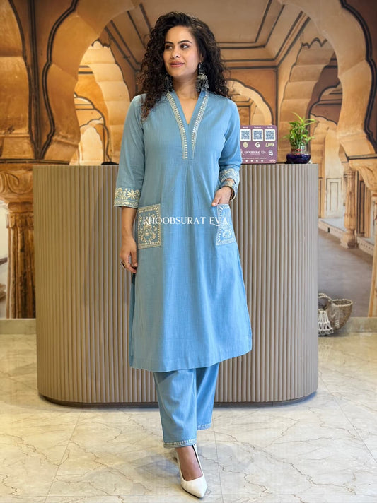 Sky Blue Hand Embroidered Cotton Kurta Set With Pockets
