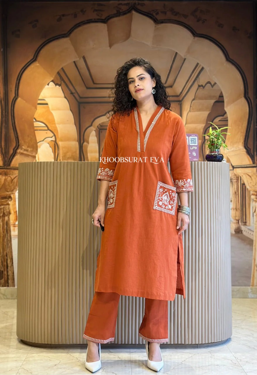 Rust Orange Hand Embroidered Cotton Kurta Set With Pockets