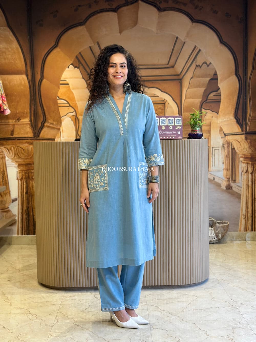 Sky Blue Hand Embroidered Cotton Kurta Set With Pockets