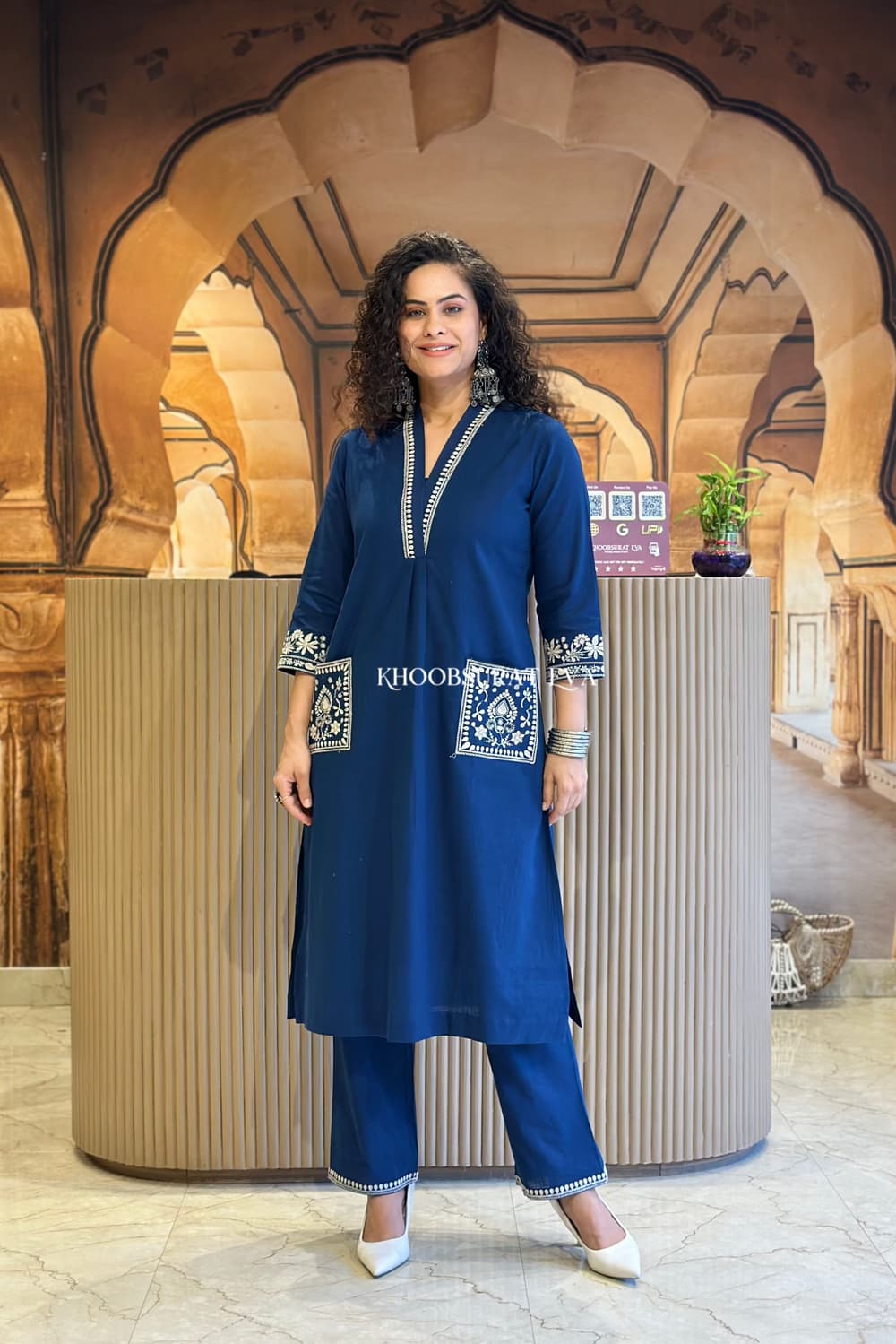 Navy Blue Hand Embroidered Cotton Kurta Set With Both Sides Pockets