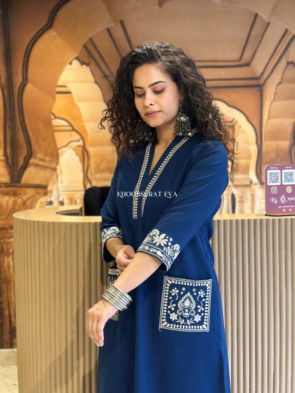 Navy Blue Hand Embroidered Cotton Kurta Set With Both Sides Pockets