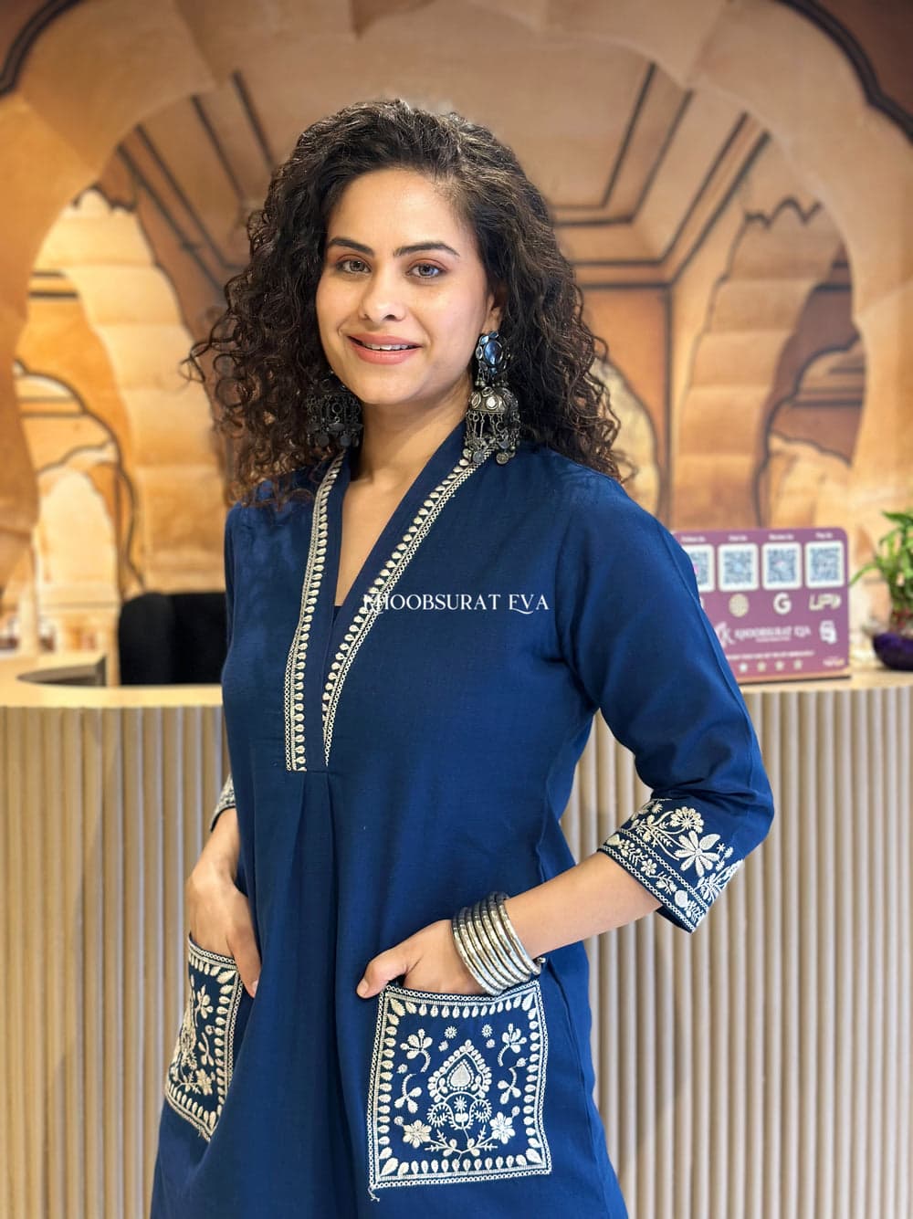 Navy Blue Hand Embroidered Cotton Kurta Set With Both Sides Pockets