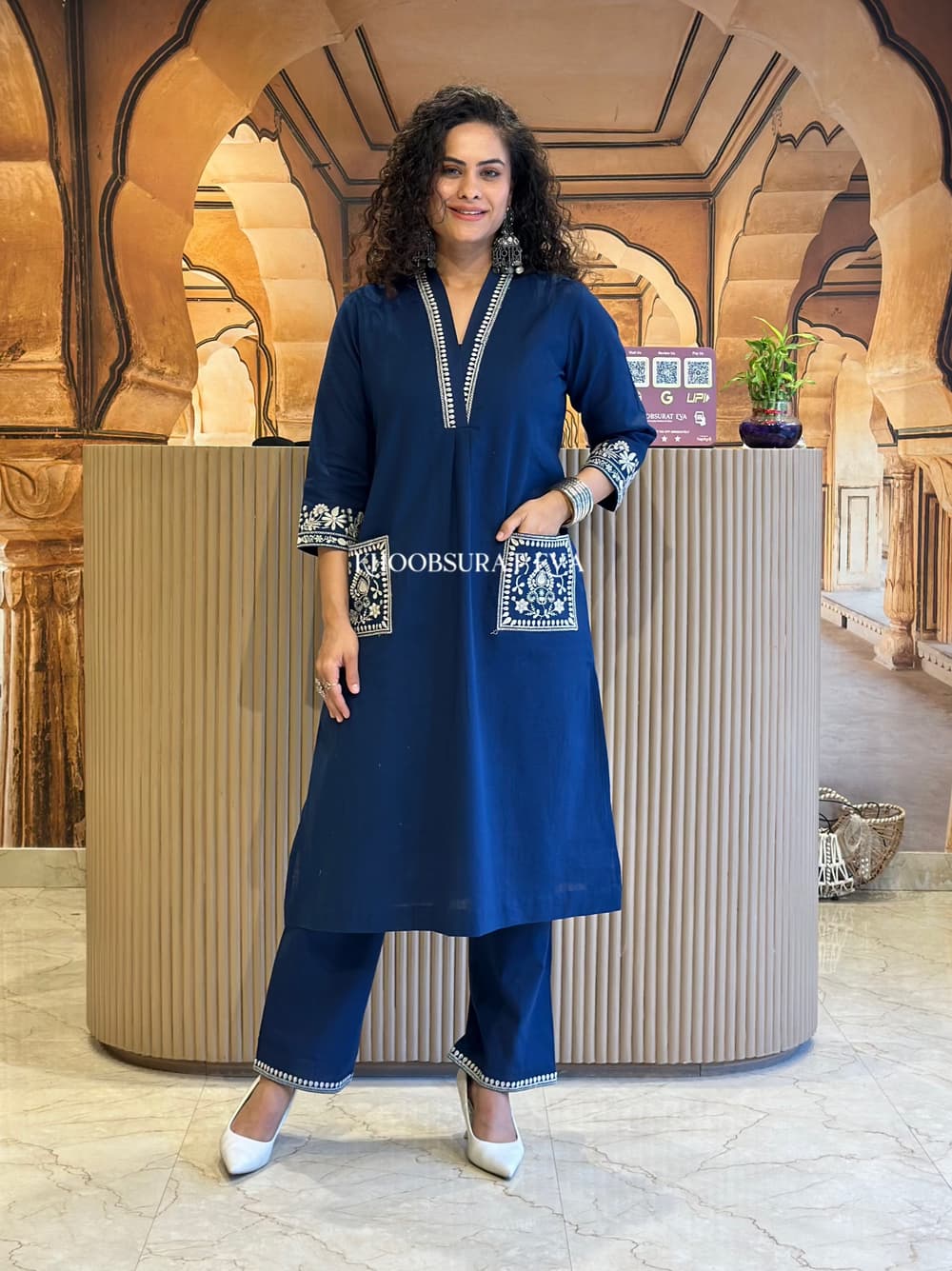 Navy Blue Hand Embroidered Cotton Kurta Set With Both Sides Pockets