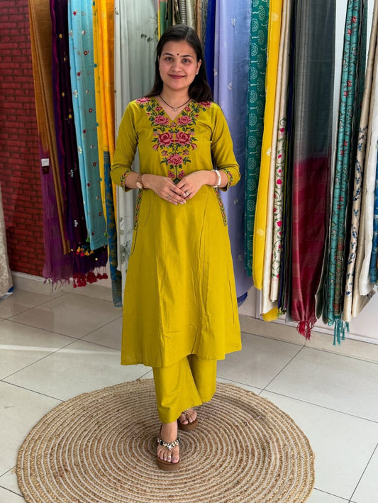 Elegant Mustard Yellow Embroidered Kurta Set For Women