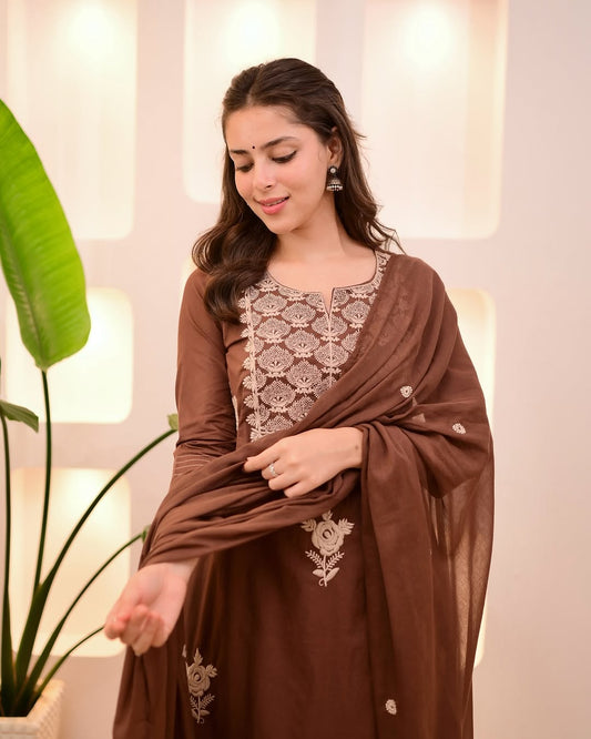 Mocha Brown Threadwork Cotton Suit