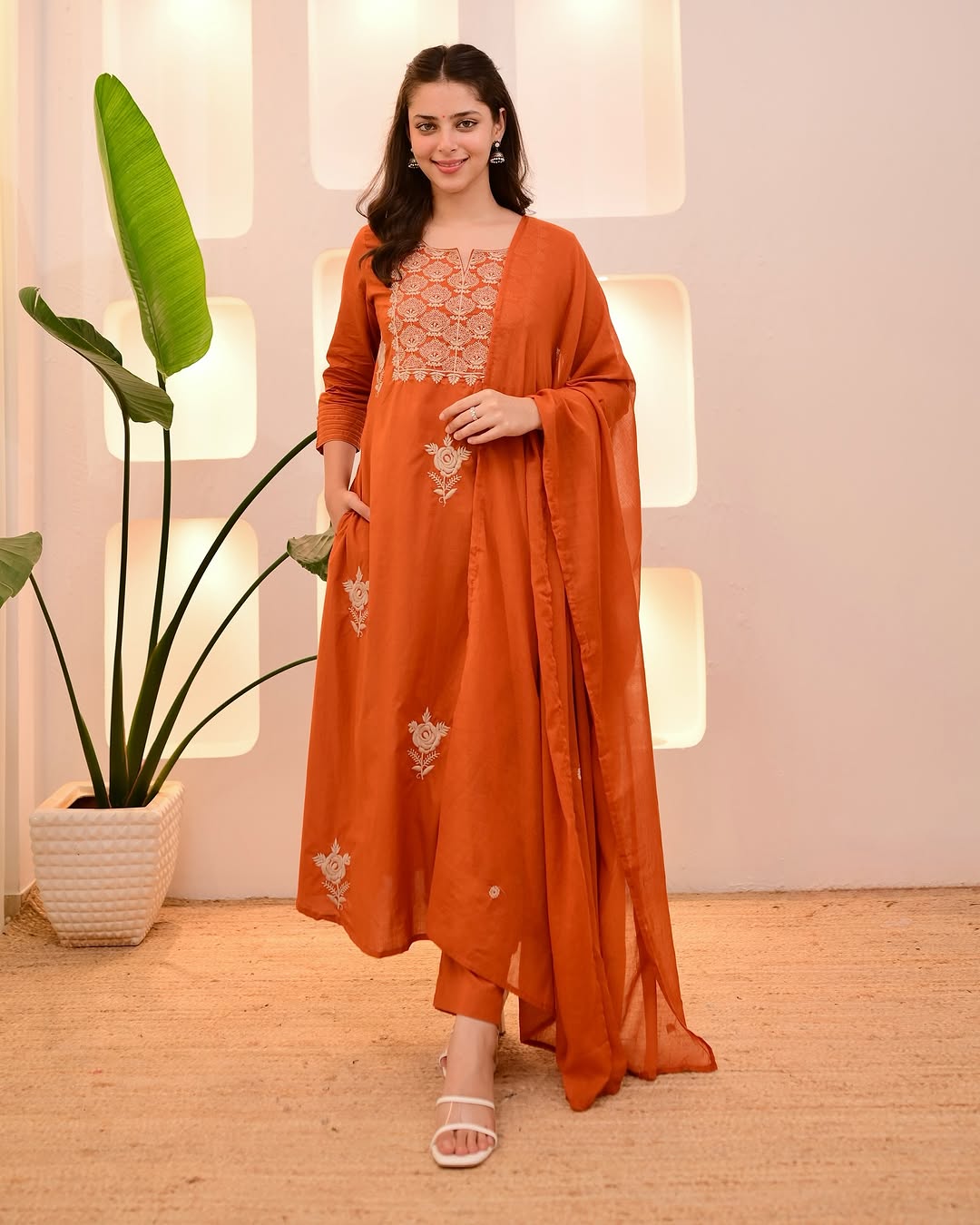 Mocha Orange Threadwork Cotton Suit