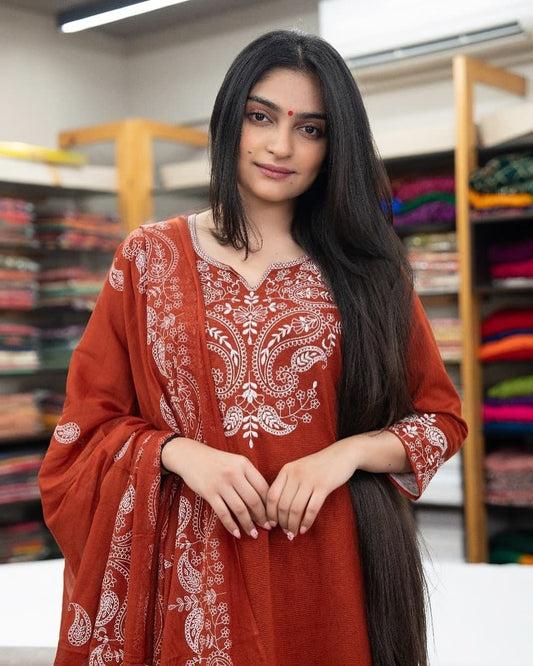 Elegant Maroon Cotton Kurta Set With White Embroidery