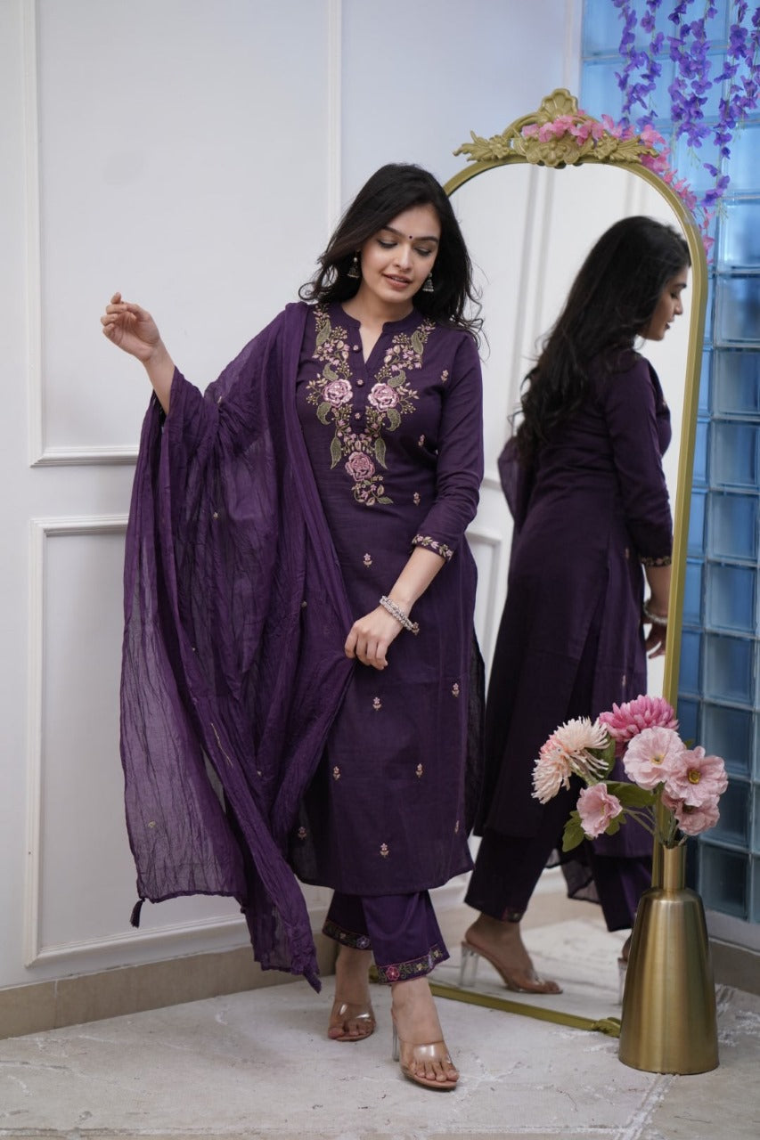 Jaipur Bandhej Purple Embroidered Cotton Kurta Set With Dupatta – Stylish Ethnic Wear For Women