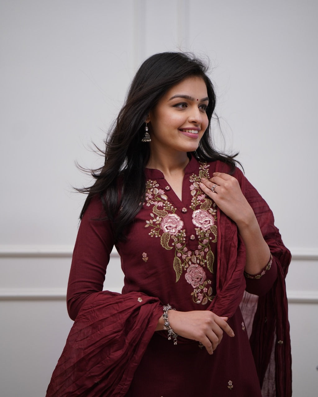 Jaipur Bandhej Maroon Embroidered Cotton Kurta Set With Dupatta – Elegant Ethnic Wear For Women