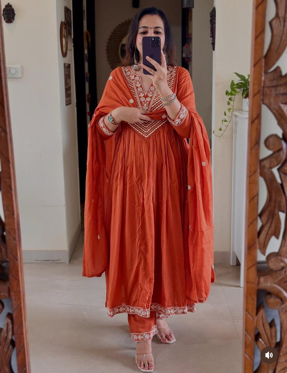 Jaipur Bandhej Rust Orange Embroidered Cotton Anarkali Set With Dupatta