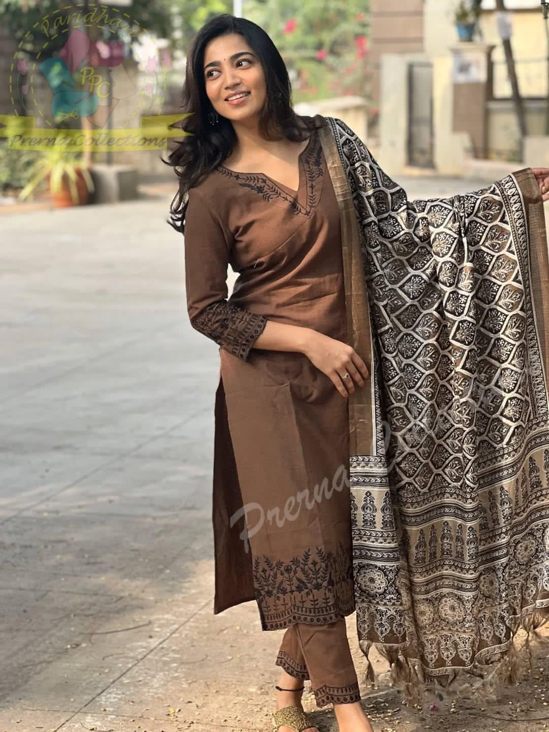 Jaipur Bandhej Elegant Brown Handcrafted Cotton Kurta Set With Printed Dupatta