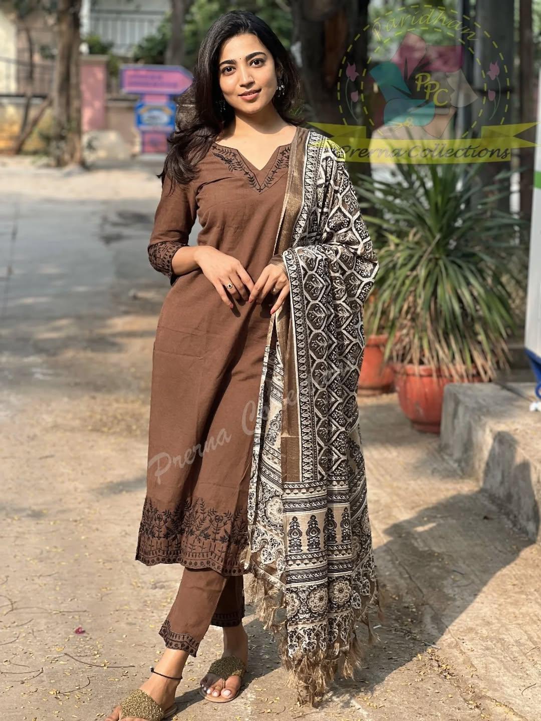 Jaipur Bandhej Elegant Brown Handcrafted Cotton Kurta Set With Printed Dupatta