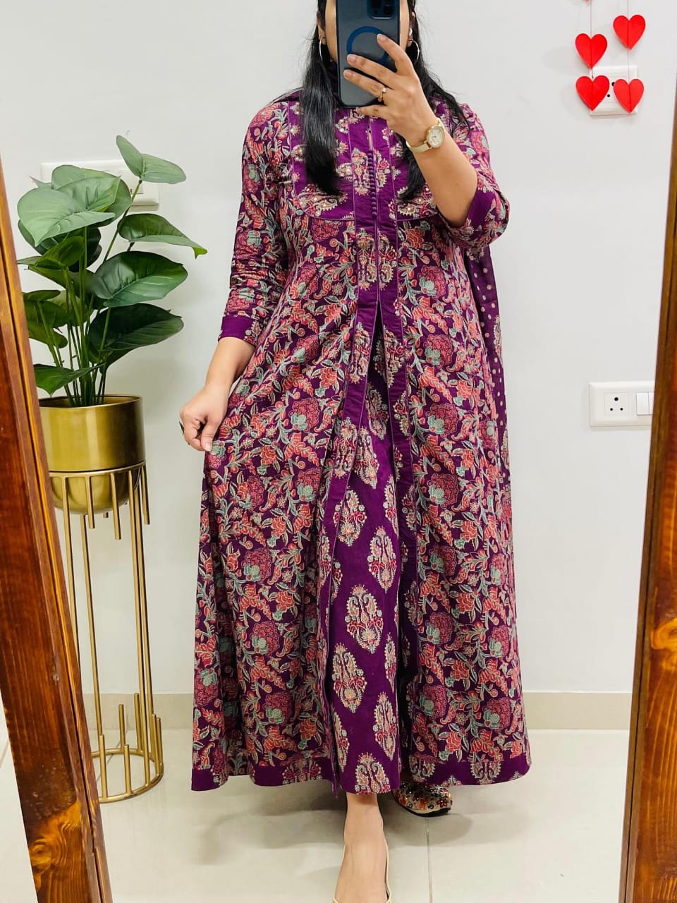 Purple Cotton Anarkali Suit Set With Ajrak-Inspired Print Dupatta