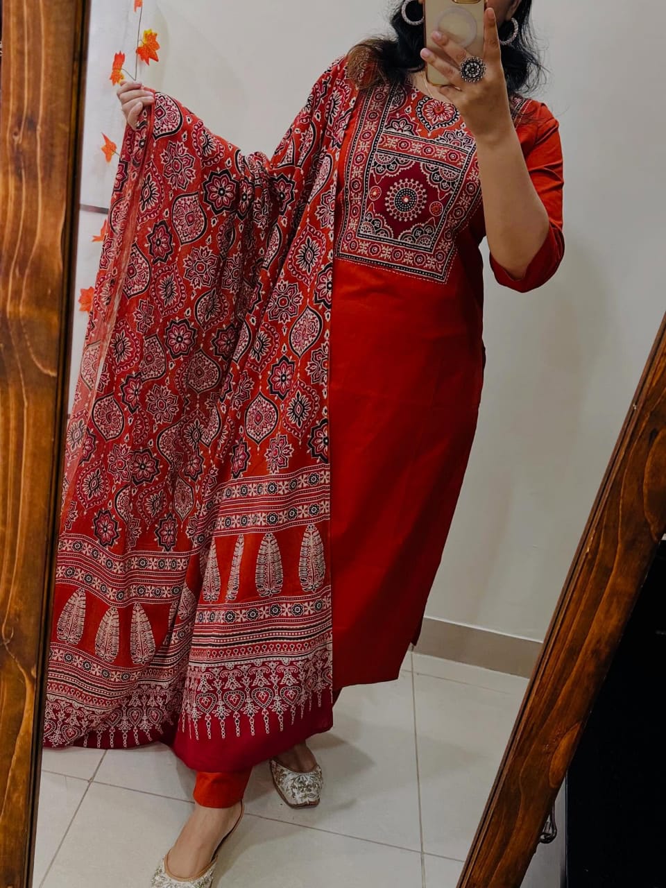 Elegant Red Cotton Suit With Ajrak Print Dupatta